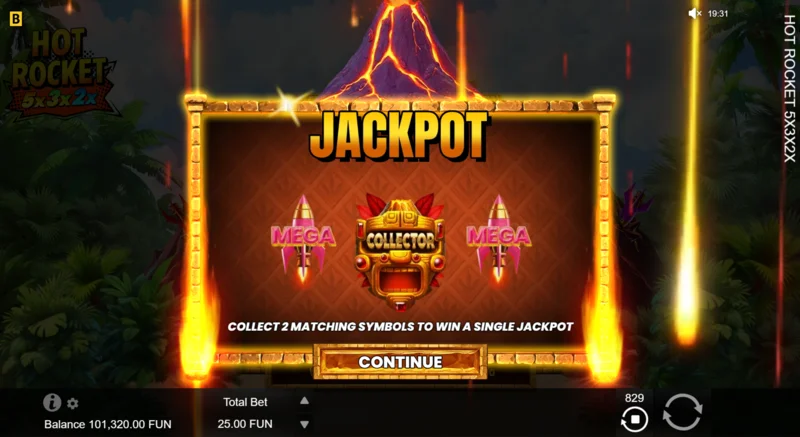 हॉट रॉकेट 5x 3x 2x - केंद्र में रॉकेट-कलेक्टर के साथ Jackpot Spins लॉन्च